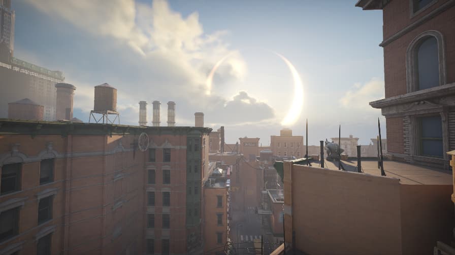 The cityscape under a cloudy sky with a large, partial eclipse-like phenomenon in the background, featuring old brick buildings, rooftop water tanks, and antennas.