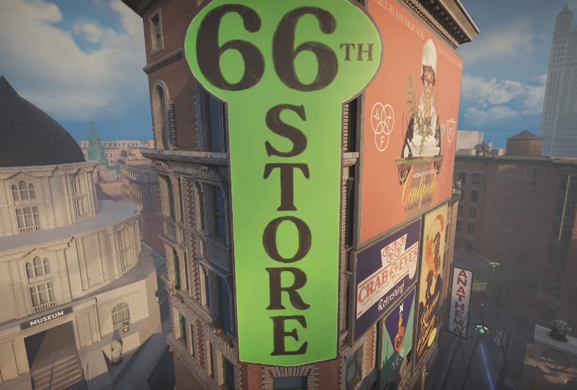 The green 66th street store sign towers above the street.