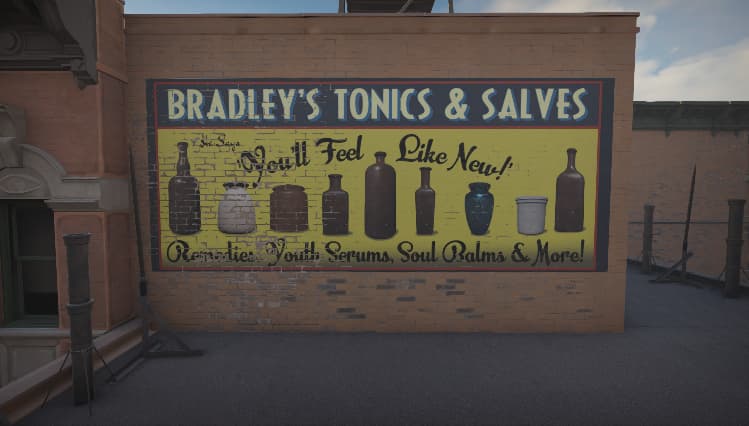 Bradleys Tonics and Salves の広告の色あせた壁ポスター。