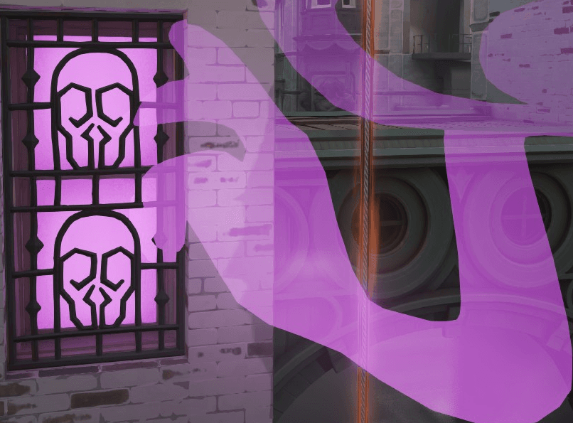 A purple ghostly aura rears its smoky hands on a metal grate over a window shaped like two skulls.