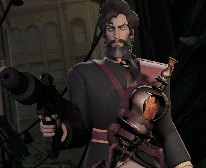 Mirage stands ready to fight, his brown hair and beard poised for battle, with his weapon in hand.