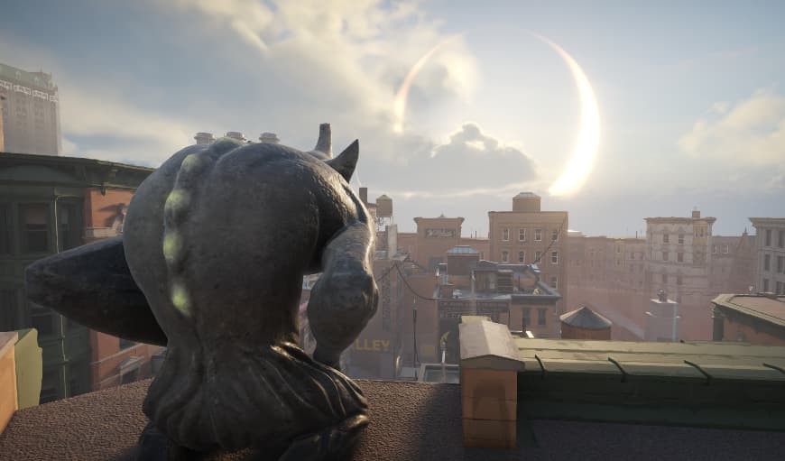 A gargoyle watches a daytime eclipse in the horizon.